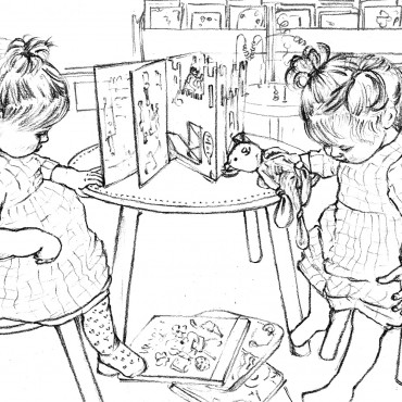 Black and white sketch of twin girls in a library
