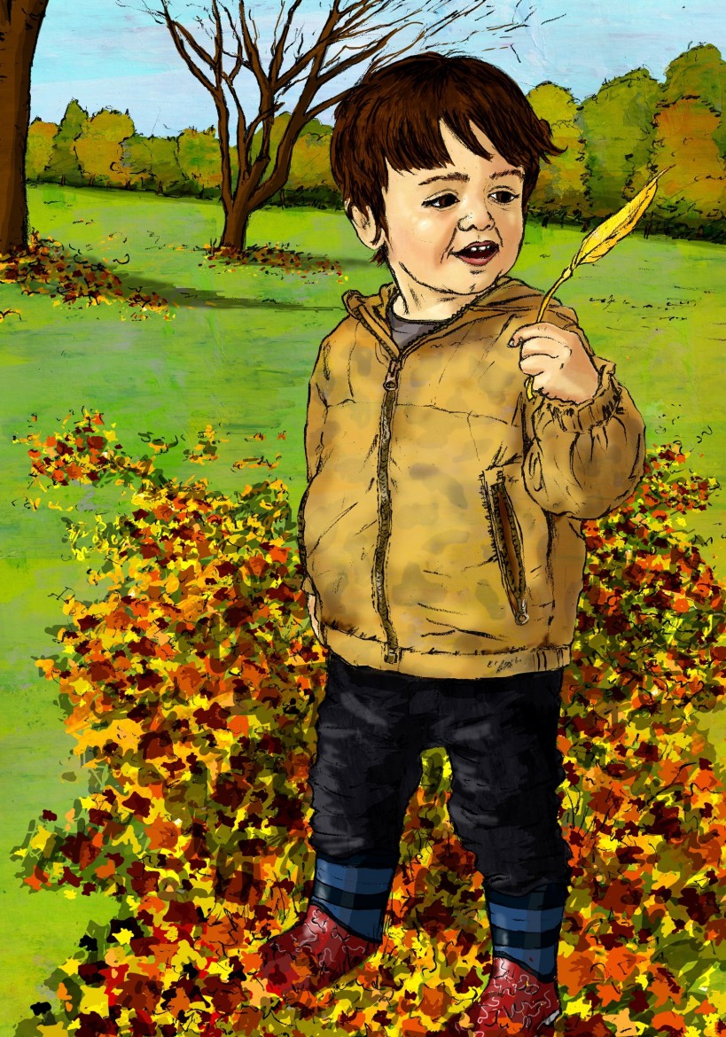 Leaf of wonder - colour illustration of a boy in park